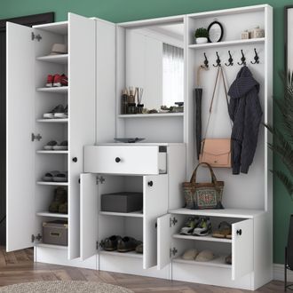 Dmora Mueble De Entrada Manzano, Espejo Incluido, Perchero, 11 Estantes, 179x37x183h Cm Blanco