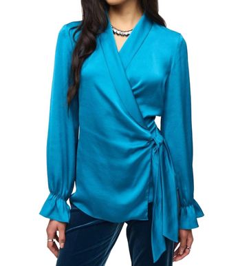 Joseph Ribkoff Satin Wrap Blouse In Pacific Blue