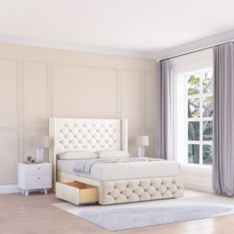 Sloomy Luthor Plush Wingback Bed Set, No Drawers & 54 Floor Standing Headboard in Cream | Size: Small Single