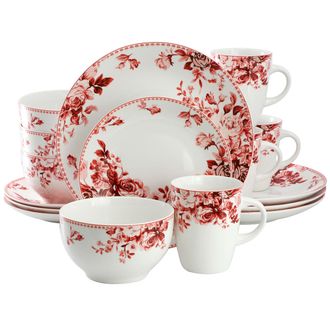 Elama Traditional Red Rose 16 Piece Stoneware Dinnerware Set