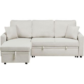 Beliani Divano letto angolare moderno a destra rivestimento in poliestere effetto lino cuscini extra e contenitore beige chiaro nassjo