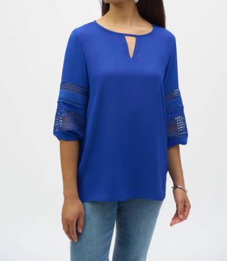 Joseph Ribkoff Georgette Keyhole Neckline 3/4 Puff Sleeves Top In Royal Sapphire