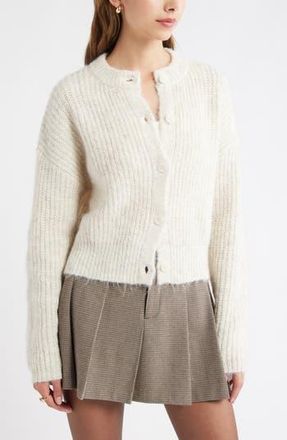 Open Edit Fuzzy Crewneck Cardigan in Oatmeal Heather at Nordstrom Rack, Size X-Large