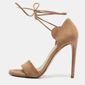 Stuart Weitzman Beige Suede Ankle Tie Up Sandals