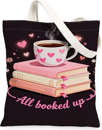 Generic Coffee Canvas Tote Bags, Cute Heart Pattern Reusable Grocery Bags, Cozy Vintage Floral Lightweight Washable Shoulder Strap, Black, 13x15 Inch