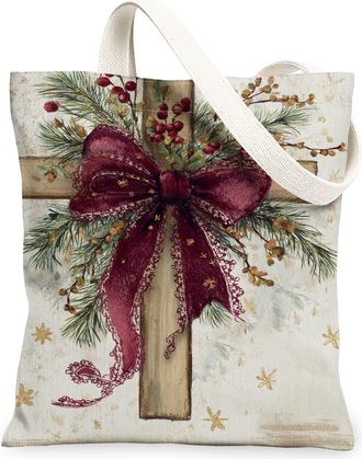 Generic Christmas Floral Canvas Tote Bags, Rustic Holiday Reusable Grocery Bags, Vintage Linen Lightweight Washable Shoulder Strap, Cream, 13x15 Inch
