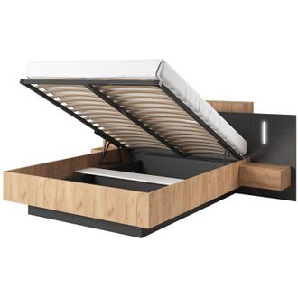 Vente-Unique Letto con contenitore con comodini 2 cassetti Con LED 140 x 190 cm Naturale e Antracite - FRANCOLI