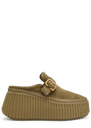 Chlo&eacute; Nama Platform Wedge Suede Mules - Khaki - 39 (IT39/ UK6)