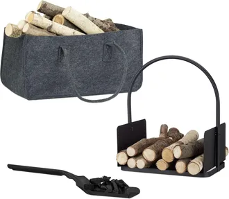 Relaxdays Juego De 3 Piezas Para Chimenea, Bolsa Para Le&ntilde;a, Cesto, Pala Para Cenizas, Fieltro, Acero, Plegable, Negro/antracita
