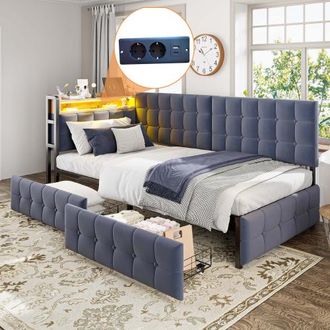 OEM Divano Letto Imbottito 90 X 200, Letto Imbottito Con 2 Cassetti E Lampada Da Comodino A Led, Porta Usb E Type-c, Letto A Forma Di Barca Multifunzional