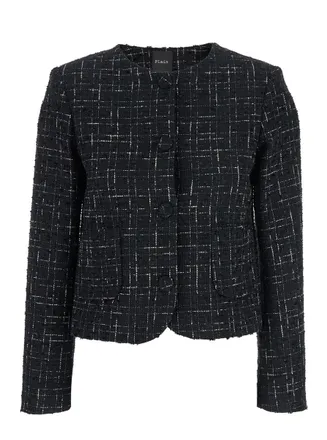 Plaîn Black Jacket With Round Neck And Front Button Closure In Tweed Woman