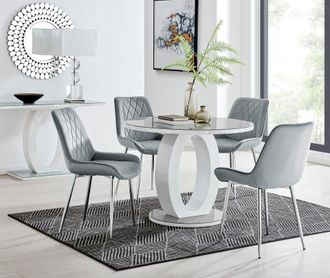 Furniturebox Giovani Round 4 Seat 100cm White High Gloss Halo Base Grey Glass Top Dining Table 4 Soft Velvet Silver Leg Pesaro Chairs