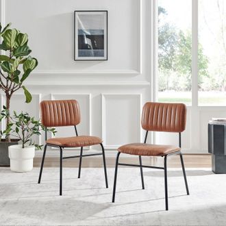 Furniturebox Set of 2 Delta Faux Tan Leather Industrial Dining Chairs