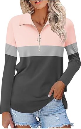 Generic Casual Long Sleeve T Shirts Womens Tops Basic Tee Womens 3/4 Sleeve Quarter Zip Shirts Collared V Neck Pullover Top Collared Casual Fall Tunic Color B