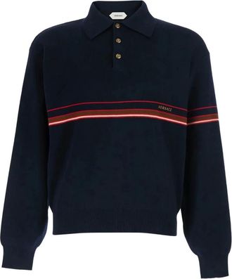 Versace Truien & Vesten, Heren, Blauw, L, Katoen, Geborduurd-logo katoenen gebreide polo