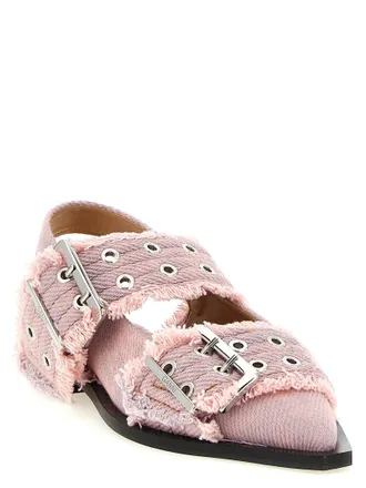 Ganni Buckle-Strap Fringed Denim Flat - Pink