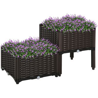 OUTSUNNY Conjunto De 2 Macetas Cuadradas Jardinera Para Flores Y Plantas Con Orificios De Drenaje Y Patas 40x40x26/44 Cm Marr&oacute;n