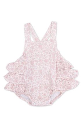 Angel Dear Harper Floral Cotton Muslin Ruffle Bodysuit in Rose at Nordstrom, Size 12-18M