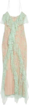Blumarine Lange kanten jurk met volant en split - Dames - Avondkleed - Groen - S - Polyester - Kleedjes
