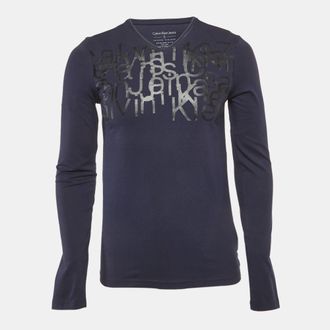 Calvin Klein Navy Blue Printed Jersey V-Neck T-Shirt