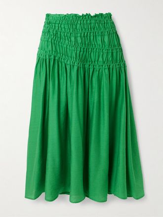 Tory Burch Gonna Midi In Misto Lyocell A Punto Smock Arricciato - Verde