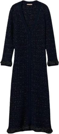 Twinset Lang Geruite Gebreide Vest - Dames - Lange truien - Blauw - XS - Wol - Truien & Vesten