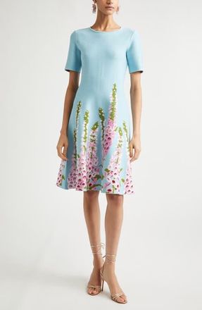 Oscar De La Renta Foxglove Jacquard Knit Fit & Flare Dress in Lilac/Sky at Nordstrom, Size X-Small