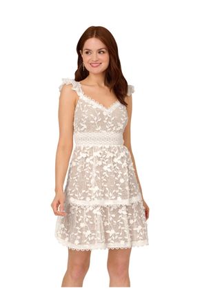 Adrianna Papell Womens Lace Embroidery Flutter Dress in Ivory