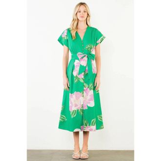 THML Clothing Floral V-Neck Belt Midi Dress In Green Pink