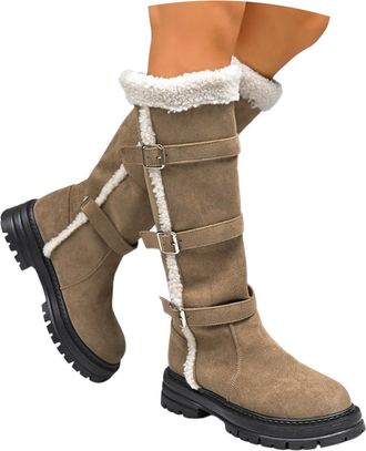 Generic 2026 Long Color Toe Warm Pure Autumn Round Boots Womens Thick Straight Soled (Khaki, 3.5) (2)