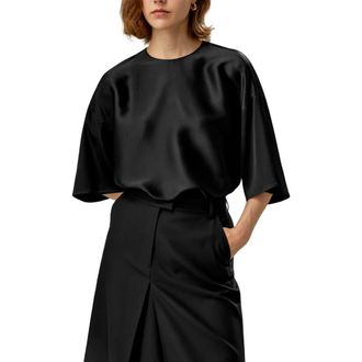 LilySilk Relaxed Silk Crewneck Blouse in Black at Nordstrom, Size X-Small