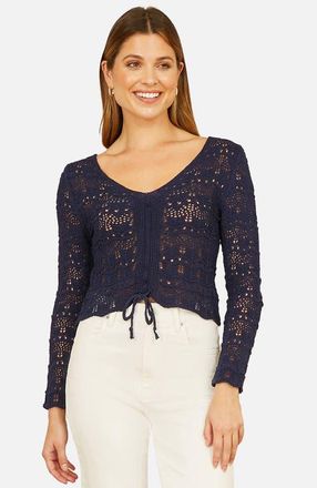 Yumi Front Ruched Crochet Top in Navy at Nordstrom, Size Medium