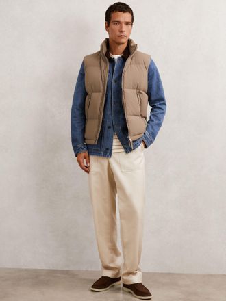 Reiss Light Camel Brown Quilted Zip-through Puffer Gilet, L