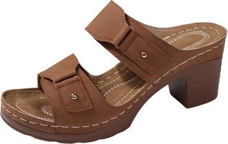 Generic Womens Chunky Heel Sandals Open Toe Double Strap Slippers Solid Color Summer Dressy Walking Casual Shoes with Arch Support (Brown, 4.5)