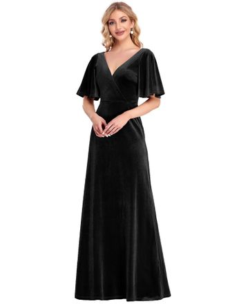 Ever-pretty Womens Deep V-Neck Half Sleeves Backless A Line Velvet Maxi Formal Evening Dresses Black 16UK