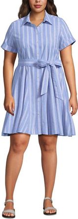 Lands End Linen Blend Button Front Dress with Godets in Clear Blue Sky Double Stripe at Nordstrom, Size 1X