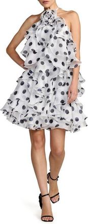 Mac Duggal Polka Dot Halter Neck Ruffle Mini Dress with Tiered Skirt in Black Ivory at Nordstrom, Size X-Small