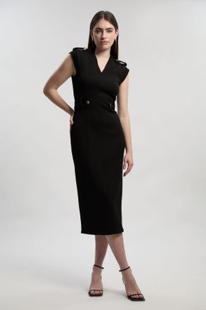 Karen Millen Womens Ponte V Neck Tab Detail Midi Dress - Black - Size X-Small