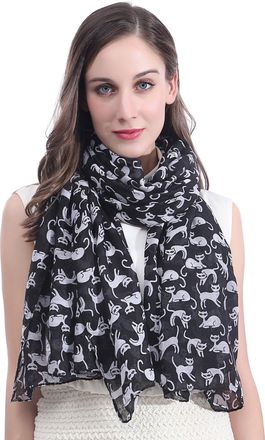 Lina & Lily Cat Print Womens Scarf Shawl Wrap Lightweight (Black)