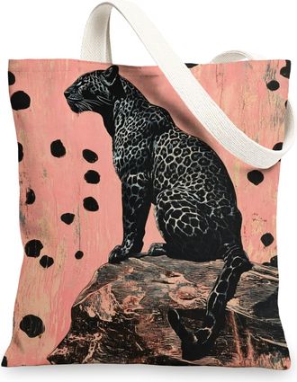Generic Leopard Print Canvas Tote Bag, Stylish Reusable Shopping Bags, Lightweight Eco-Friendly Shoulder Bags, Peach, 13x15 Inch