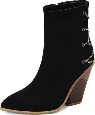 Generic Womens Faux Suede Short Boots with Metal Chain Pointed Toe Ankle Boots with Zipper High Heeled Retro Dress Shoes,Black,5.5 UK