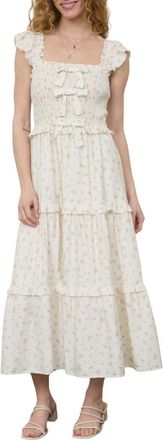 August Sky Bow Smocked Midi Dress in Cream Multi at Nordstrom Rack, Size Medium