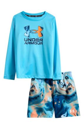 Under Armour Kids Mixed In Long Sleeve UPF 50+ Rashguard & Swim Trunks Set in Fresco Blue at Nordstrom, Size 4T