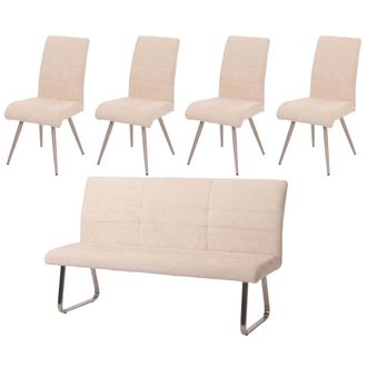 Hhg Hhg - Juego De Comedor 221, Juego De 4 Sillas + Banco 180cm, Acero Inoxidable Cepillado Tela/textil Chenilla, Crema