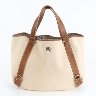 Burberry Beige Leather Canvas Shoulder Bag Tote Bag (Pre-Owned)