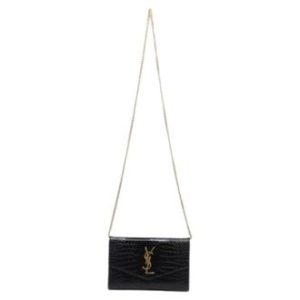 Saint Laurent Pre-owned Uptown Croc-Embossed Chain on Wallet - Dames - Pre-owned - Zwart - Maat: ONE Size Leer