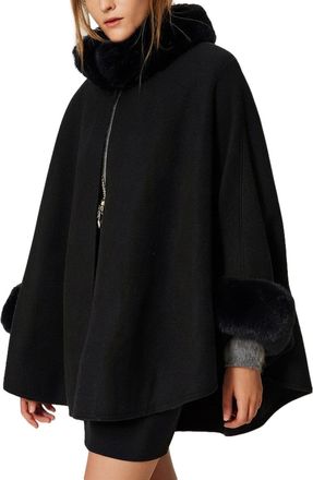 Twin-Set Plush Fur Trim Flowing Cape Coat