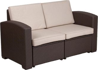 Flash Furniture Chocolate Brown Faux Rattan Loveseat with All-Weather Beige Cushions