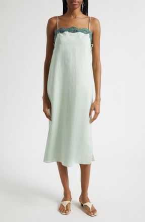 Poss&eacute; Darya Broderie Trim Side Tie Midi Dress in Green at Nordstrom, Size X-Small