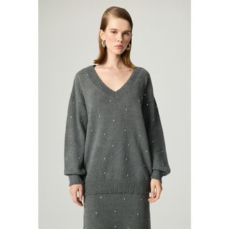 Nocturne Embellished V-Neck Knit Sweater in Anthracite at Nordstrom, Size X-Small Eu